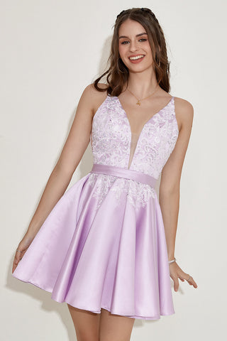Purple Beading Satin Homecoming Dress with Appliques