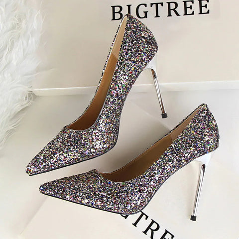 2024 summer new European style women's shoes high heels shallow mouth pointy glitter sexy slim nightclub high heels single shoes