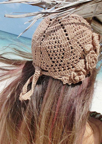Damen Khaki Ausgehöhlte Blumen Strickmütze aus Baumwolle Bonnie