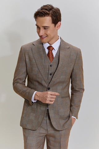 Brown Men's 3 Piece Plaid Prom Party Suits