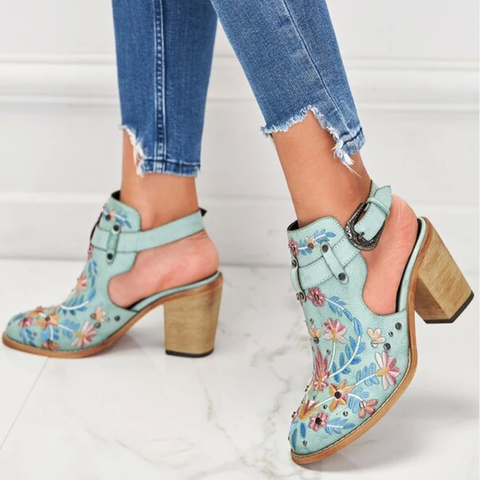 Pink Cutout Embroidered Chunky Heels Ankle Strap Slingback Sandals