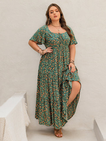 Plus Size Dark Green Floral Summer Maxi Dress