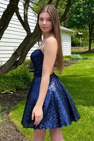 A Line Halter Navy Sequins Short Homecoming Dress with Criss Cross Back