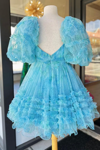 A-Line Sweetheart Puff Sleeves Light Green Floral Short Homecoming Dress with Ruffles