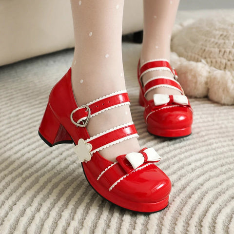- Japanese Harajuku Style Spring Lolita Cute Girls Sweet Pumps Mixed Color Round Toe Cosplay BowTie Kawaii Chic Mary Janes Shoes