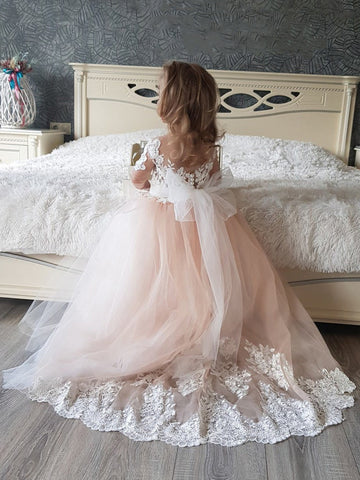 Schönes Tüll-Spitzenkleid für Blumenmädchen, Hochzeitsfeier, mit Applikationen