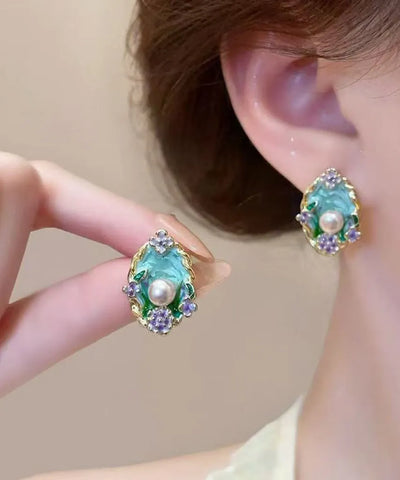Art Blue Copper Pearl Dripping Glaze Floral Stud Earrings