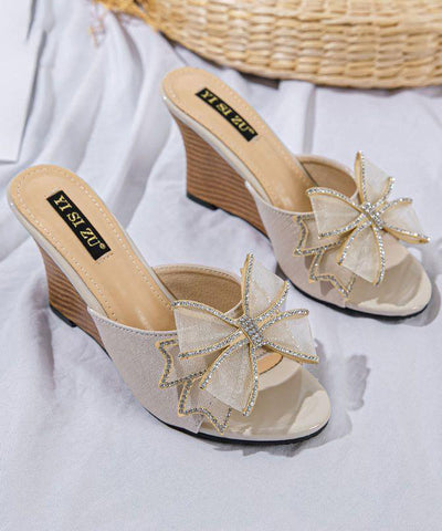 Stilvolle Splicing Wedge Heels Slide Sandalen Black Bow Peep Toe