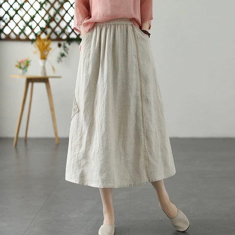 Summer Retro Loose Patchwork Linen A-Line Skirt