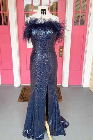 Mermaid Strapless White Sequins Plus Size Prom Dress with Feathers