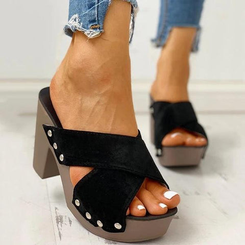 Rivet Criss Cross Chunky Block Heels Platform Slip-on Sandals