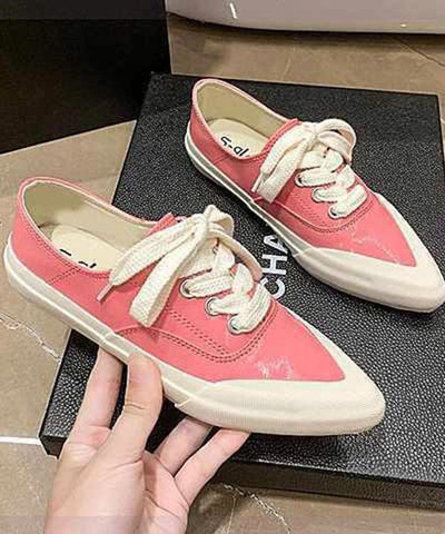 0508Pink Faux Leather Flat Shoes For Women Lace Up Splicing Pointed Toe