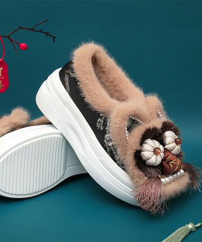 Handgemachte Spleißen Quaste Nagel Perle Plattform flache Schuhe Kaffee Fuzzy Wolle gefüttert