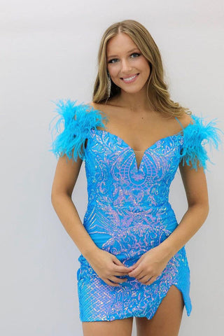 Trendy Sheath Off the Shoulder Purple Short Homecoming Dress with Feather