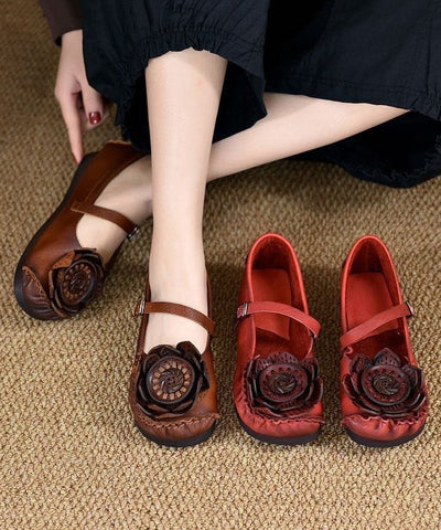 Original Retro Rote Blumen Weiche Sohle Rindsleder Flache Schuhe