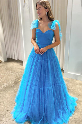 Sweetheart Tie Straps Tulle A-Line Long Prom Dress