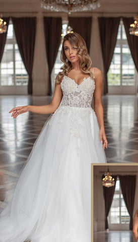 Bmbridal Spaghetti-Straps Wedding Dress Mermaid Lace Appliques Sleeveless