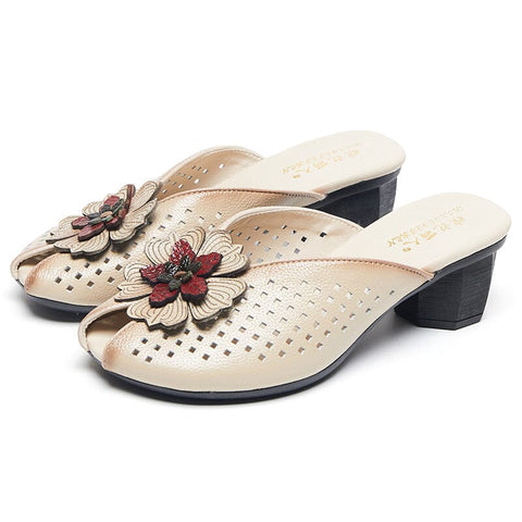 Summer Retro Hollow Leather Chunky Heel Slides Shoes