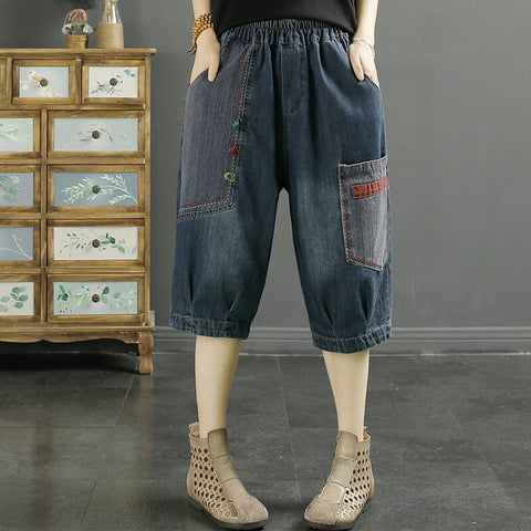 Women Summer Retro Patchwork Cotton Denim Shorts