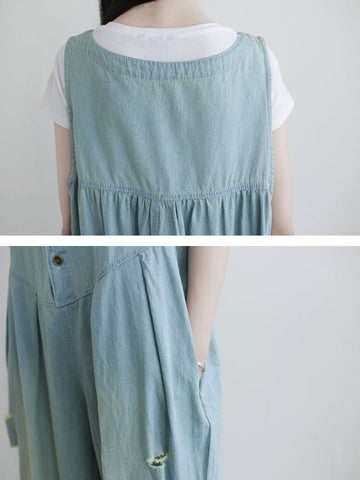 Women Summer Solid Frayed Pleat Pocket Vest Denim Jumpsuits