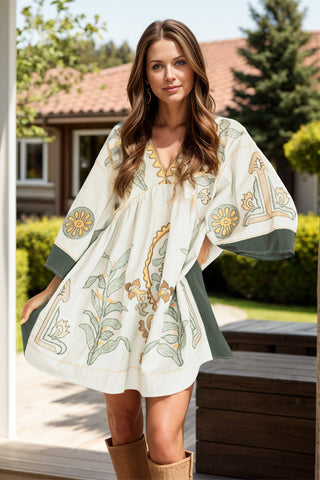 Tropical Three-Quarter Sleeve Mini Dress