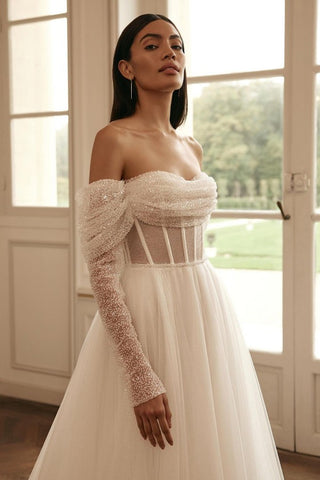 Off-the-Shoulder Wedding Dress A-Line Tulle With Long Sleeves