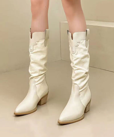 White Long Boots Fashion Splicing Chunky Pointed Toe