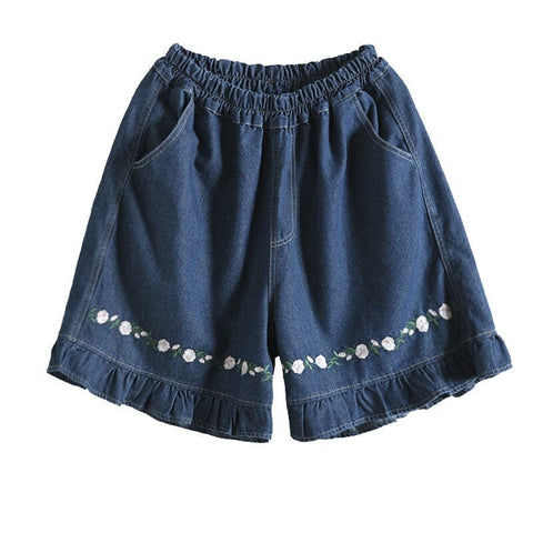 Women Summer Loose Floral Embroidery Denim Shorts
