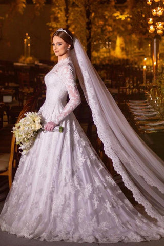 Fabulous A-Line Floor-Length High Neck Long Sleeves Lace Wedding Dresses
