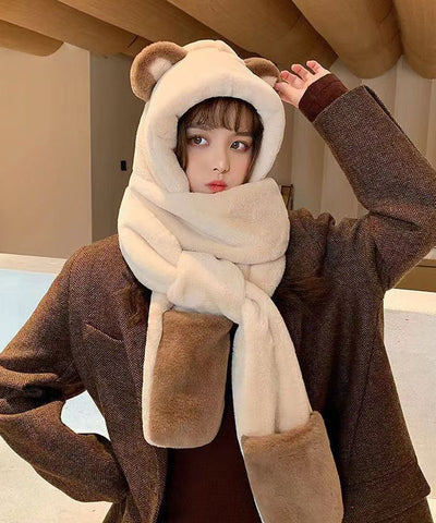 Niedlicher Winter-Teddy-warmer Hut, Schal und Handschuh integriert