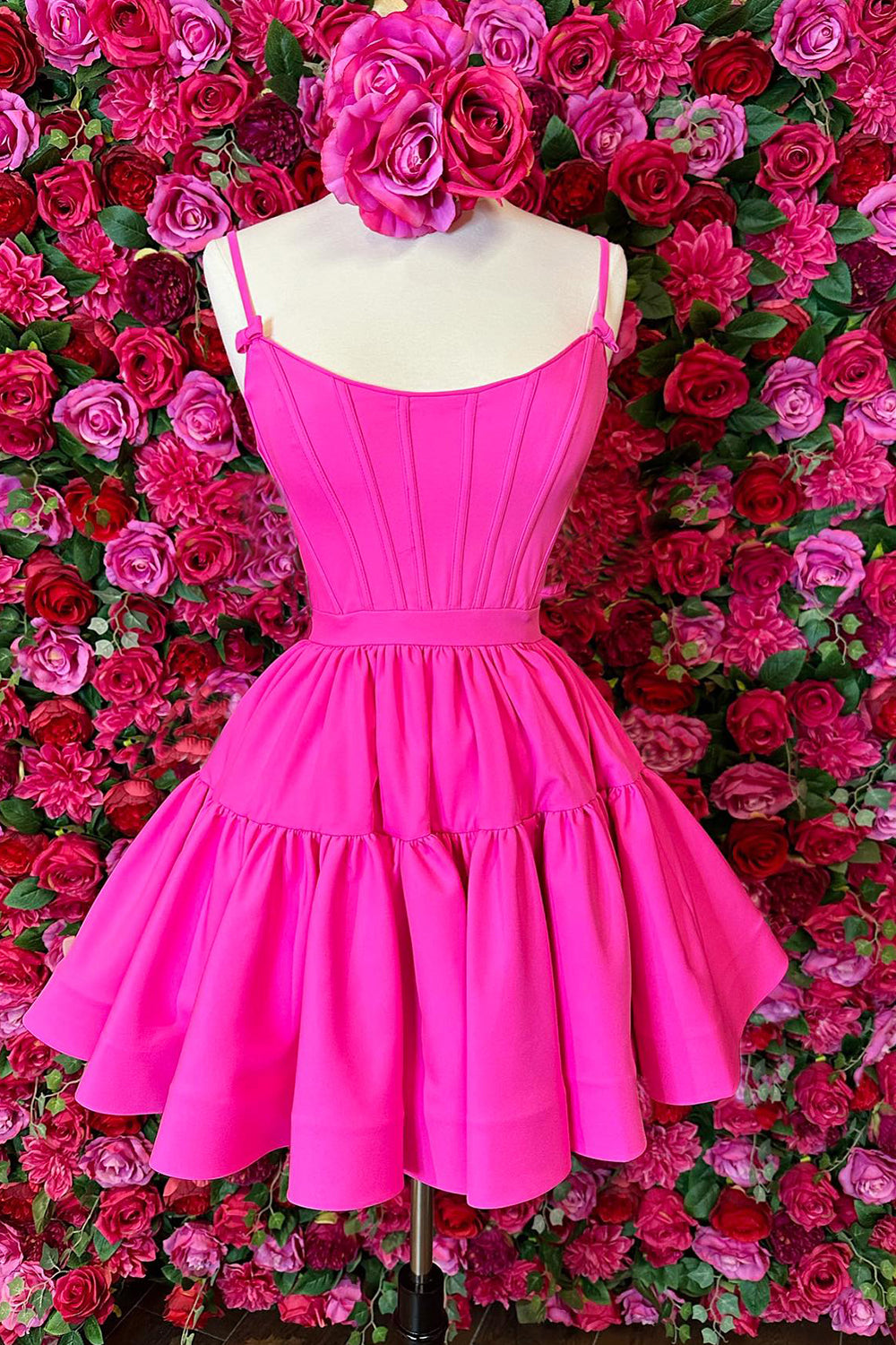 Cute A Line Spaghetti Straps Hot Pink Short Homecoming Dress with Criss Cross Back