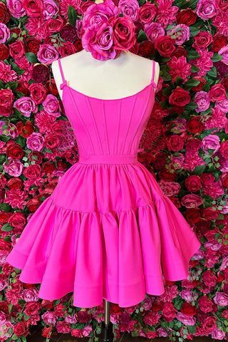 Cute A Line Spaghetti Straps Hot Pink Short Homecoming Dress with Criss Cross Back