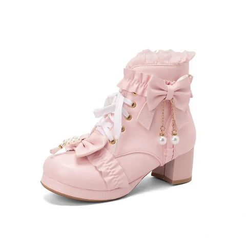 - Pink White Black Chunky Heel Lolita Shoes Butterfly-knot Pearls Lace Up Womens Cosplay Princess Cute Sweet Winter Ankle Boots 42