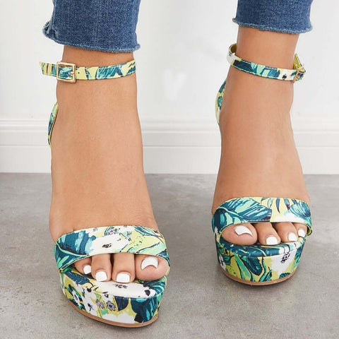 Printed Floral Style Platform Wedges Ankle Strap Sandals