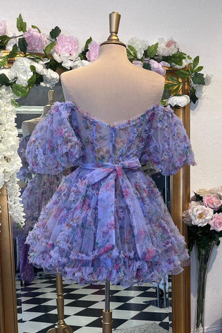 Cute A Line Off the Shoulder Ivory Printed Short Homecoming Dress