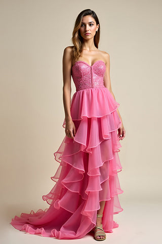 Korallefarbenes, langes A-Linien-Ballkleid mit Herzausschnitt und Rüschen