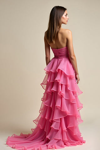 Korallefarbenes, langes A-Linien-Ballkleid mit Herzausschnitt und Rüschen