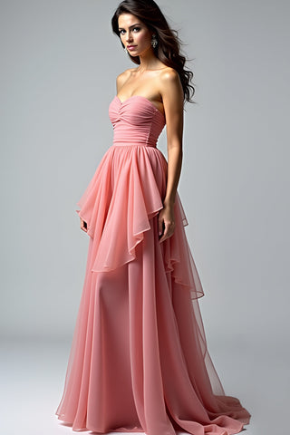 Altrosa – Trägerloses, langes Ballkleid mit Rüschen