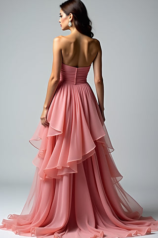 Altrosa – Trägerloses, langes Ballkleid mit Rüschen