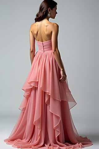 Altrosa – Trägerloses, langes Ballkleid mit Rüschen