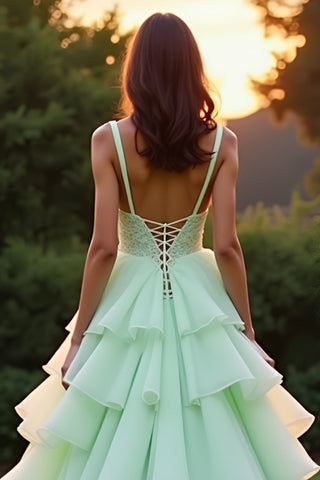 Ball Gown Green Tiered Long Prom Dress with Ruffles