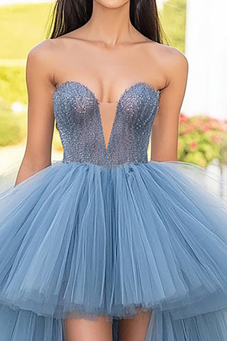 Asymmetrical Grey Blue Tulle High-Low Prom Dress