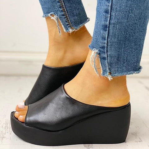 Chunky Platform Wedges Peep Toe Backless Mule Slide Sandals