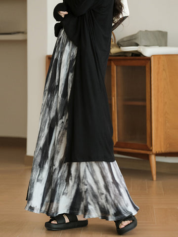 Women Summer Vintage Ink-print Pleat Skirt