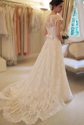 Affordable Cap Sleeve Lace A Line Wedding Dresses, Long Wedding Gowns, Bridal Dress