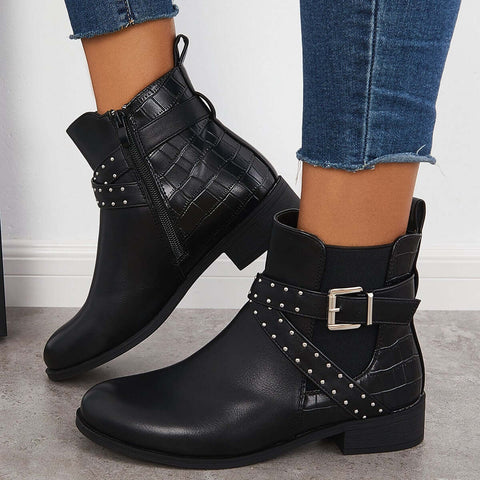Chunky Low Heel Chelsea Booties Buckle Strap Ankle Boots