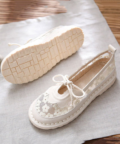 Beige Flache Füße Schuhe Spleißen Lace Up Aushöhlen Stickerei