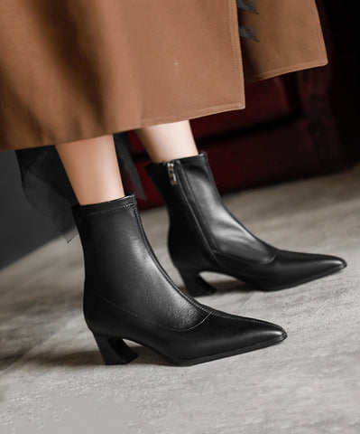 Style Elegant Splicing Chunky Boots Black Pointed Toe