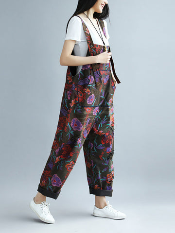 Women Retro Flower Button Spliced Loose Jumpsuits