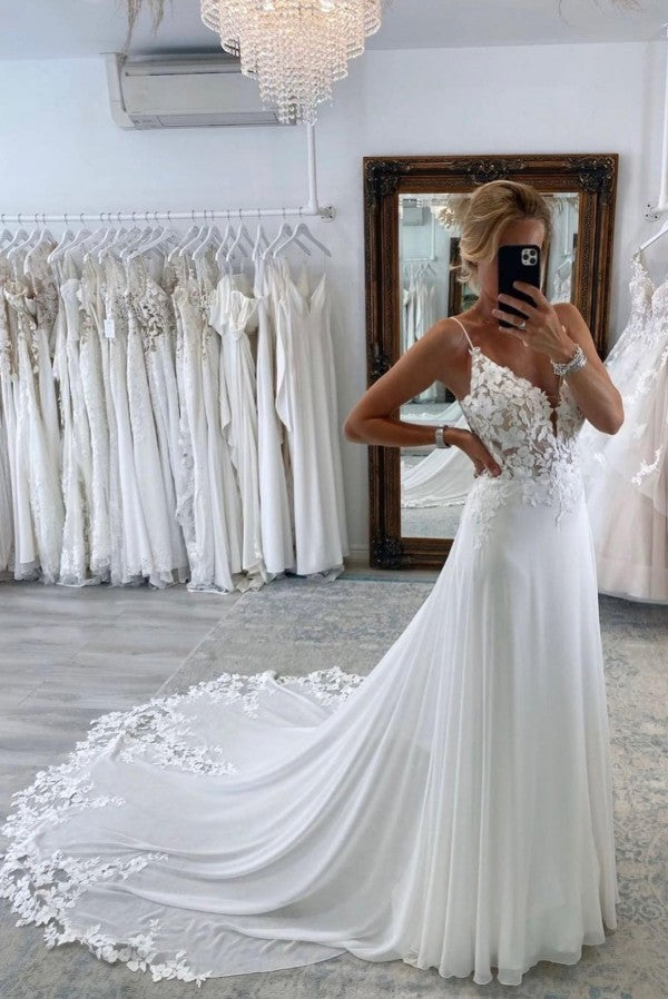 Bmbridal Spaghetti-Straps Open Back Wedding Dress Sleeveless With Appliques